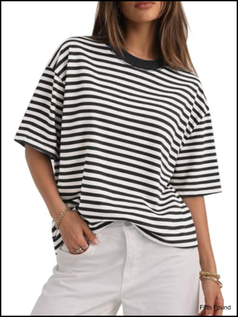 Oversized Striped Tee - Short Sleeve Crewneck Cotton Blend Y2k Top